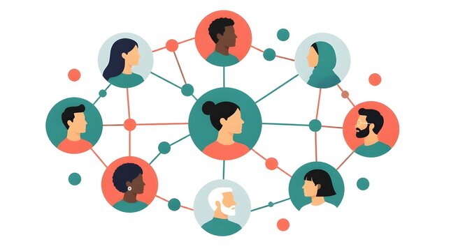 Flat vector illustration of a network diagram with diverse people as nodes connected by lines in an abstract digital space