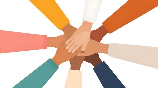 Flat vector illustration of diverse team members standing together stacking hands in center showing teamwork unity and collaboration