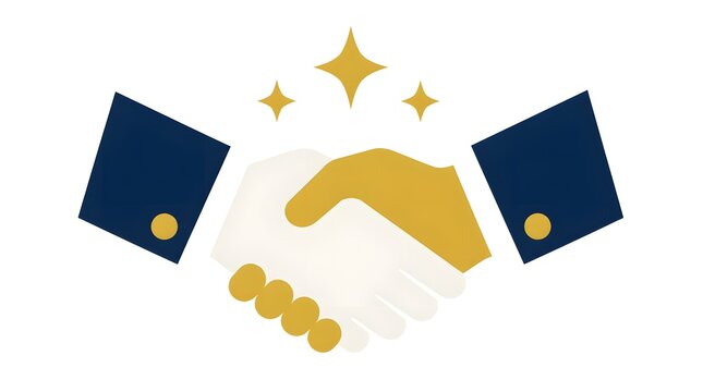 Flat vector illustration of two hands shaking in a handshake gesture with sparkling stars and magic sparkles on a plain background