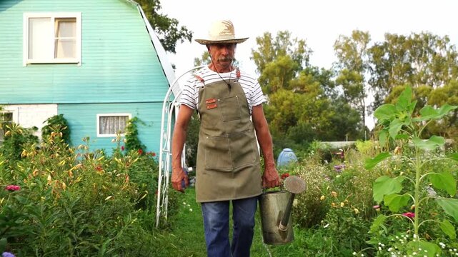 Man walks through garden, holding watering can. He wears hat and apron, gardening attire. Green plants surround him, colorful blooms in garden. Pastel blue house stands behind, rustic background