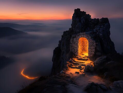 Illuminated stone doorway on rocky peak above foggy mountains.