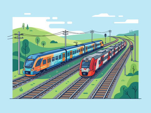 Vector illustration of two modern passenger trains moving on parallel tracks through a green countryside landscape with hills, trees, power lines, and blue sky background.