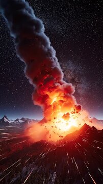 Meteorite impact animation showing an asteroid crashing into a mountain range, causing a fireball, explosion, shockwave and debris, illustrating space hazards and planetary destruction