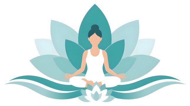 Flat vector illustration of a serene person meditating in lotus pose beside a blooming lotus flower on a minimal pastel background