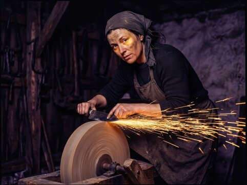 Sparks fly as an artisan sharpens a knife on a grindstone in workshop
