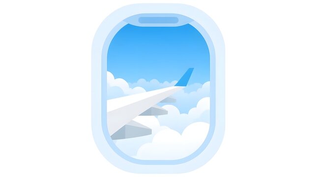 Flat vector illustration of airplane window showing fluffy white clouds and blue sky seen from inside the aircraft cabin