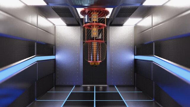 Futuristic Server Room with Quantum Computer and Blue Light. Interior of a high tech server room featuring a central powerful computer of the future