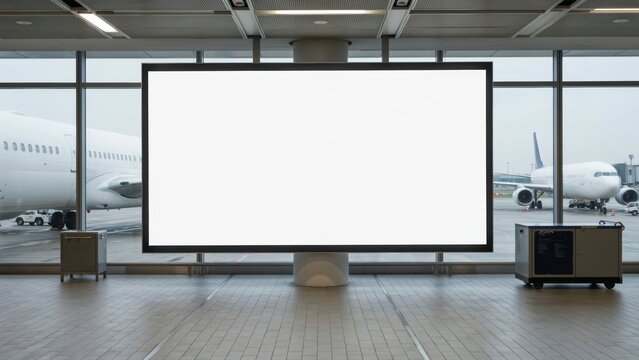 Blank billboard advertisement screen in airport terminal with airplanes in background
