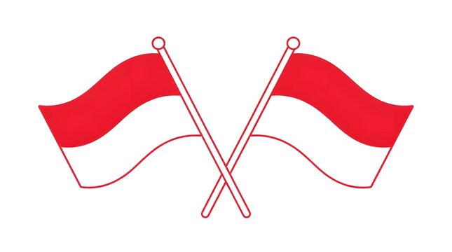 Thin line art of crossed Indonesian flags on a plain background with simple monochrome strokes depicting two flagpoles and rectangular flags