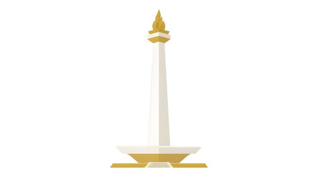 Flat vector illustration of Monas National Monument tower Jakarta with gold flame atop stepped base podium on minimal light background