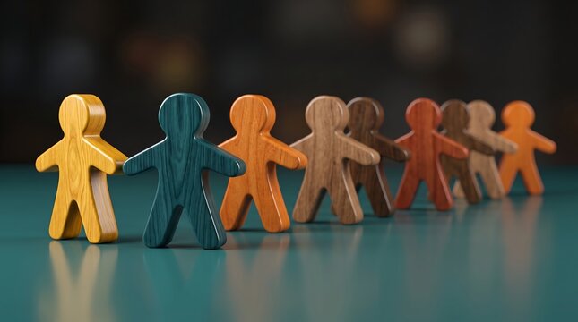 Group of colorful wooden human figures standing together in a circle on a desk for teamwork and unity conceptual photography in corporate and social group building settings