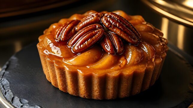 Realistic macro shot of a maple glazed pumpkin tartlet with flaky crust orange filling candied pecans and powdered sugar on dark backdrop