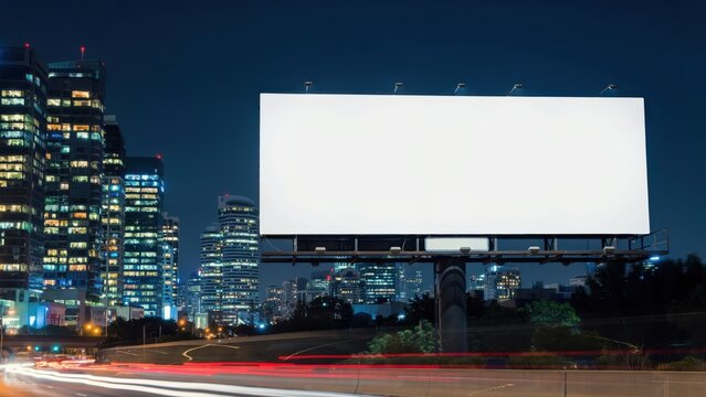 Blank billboard on a highway with city buildings at night