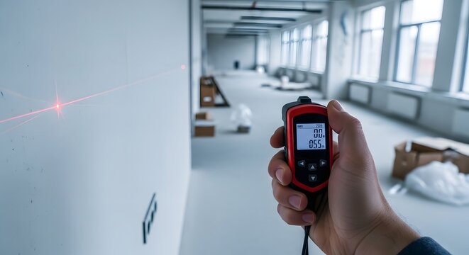 Hand holding laser level tool projecting red line on unfinished wall during renovation construction site