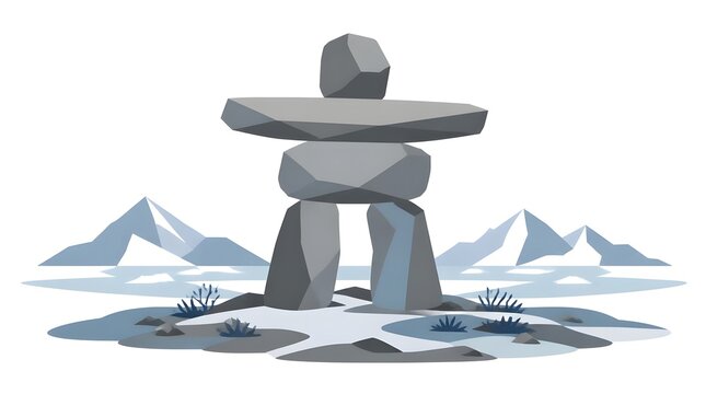 Minimalist flat vector illustration of an inukshuk stone figure standing on a flat surface with balanced rocks and open space background