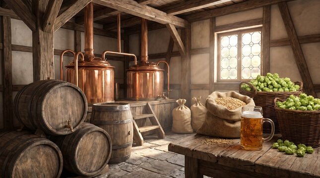 Traditional brewery interior with large copper brewing vats, wooden barrels, sacks of grain, and baskets of fresh green hops on a wooden table