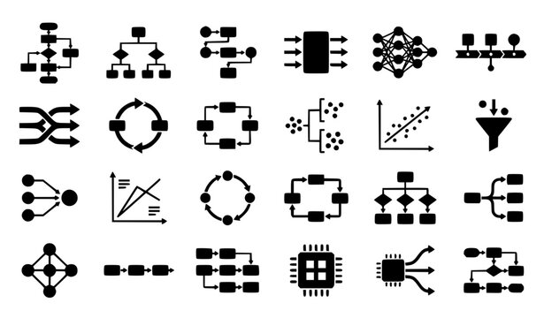 Al machine learning algorithm flowchart and data processing flat vector icon set