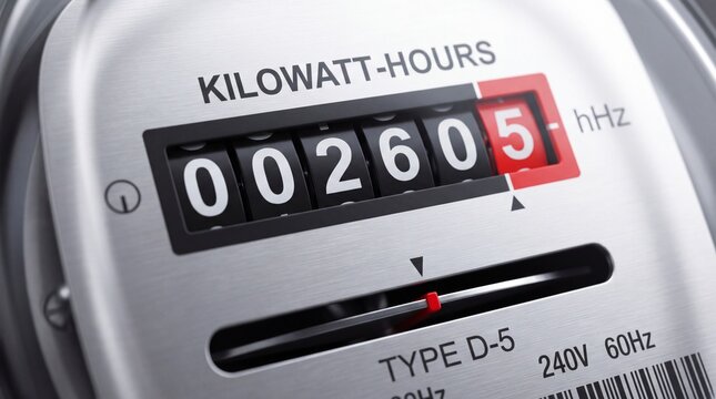 Close up of an analog electric meter displaying the current energy consumption in a home with numerical reading electricity electricity usage mechanical