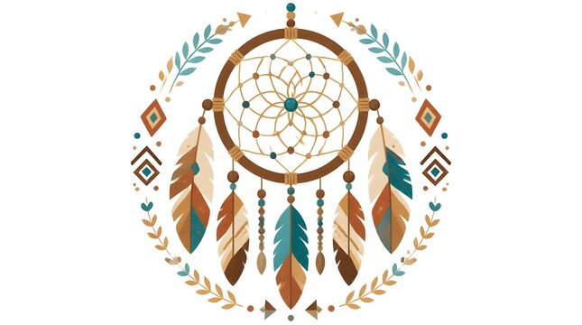 Flat vector illustration of a dreamcatcher with wooden hoop and woven web pattern decorated with feathers and beads hanging on an indoor wall