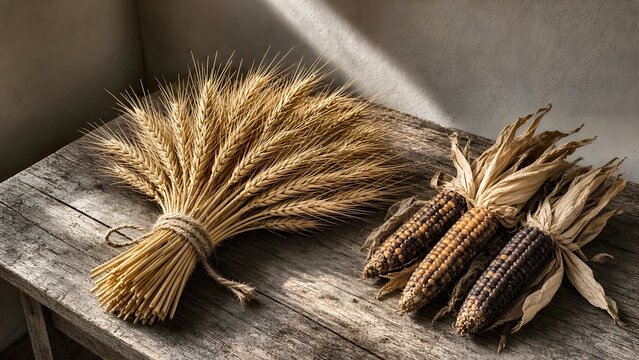 Sheaf of Golden Wheat and Dried Ornamental Flint Corn on Weathered Wooden Table