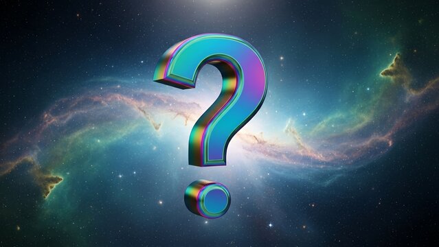 Question mark symbol featuring iridescent metallic texture floating in deep dark outer space with colorful vibrant nebula gas clouds background