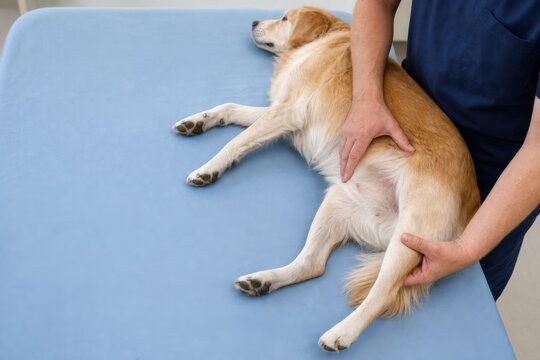 Veterinarian examining dog hip on clinic table
