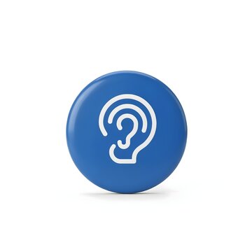 Blue 3D accessibility sign icon featuring a white ear symbol for hearing impairment and deaf awareness on white background