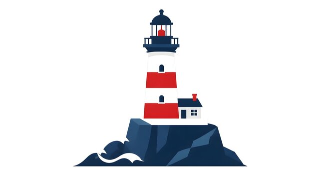 A flat vector illustration of a and white lighthouse standing on a rocky cliff overlooking the sea in a clean minimal design