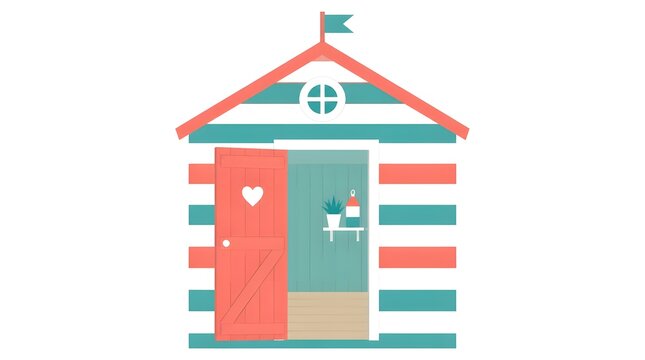Flat vector illustration of a and white striped beach hut with an open door on a sandy beach under a blue sky
