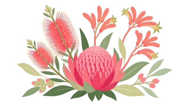 Flat vector illustration of a spring wildflower bouquet with vibrant waratah flowers and assorted wildflowers on a plain background