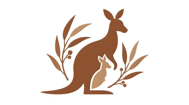 Silhouette vector of an adult kangaroo and baby joey standing together in profile view facing right in natural Australian habitat