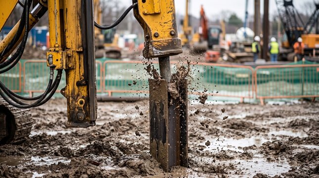 Heavy hydraulic impact hammer driving steel posts into muddy soil at a site.