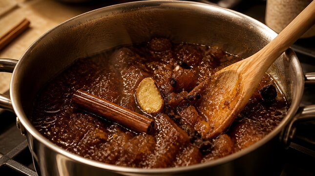 Close up of rich glossy fruit chutney simmering in a heavy bottomed pot with cinnamon sticks star anise cloves and nutmeg while steam rises