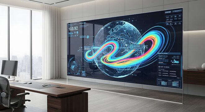 Modern office with large transparent display showing global data visualization during bright daylight