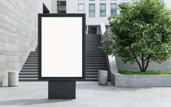Blank vertical billboard mockup in a modern urban plaza with stairs and a tree