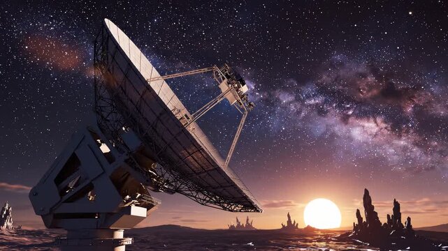 Satellite dish tracking sunset with cinematic motion and atmospheric lighting