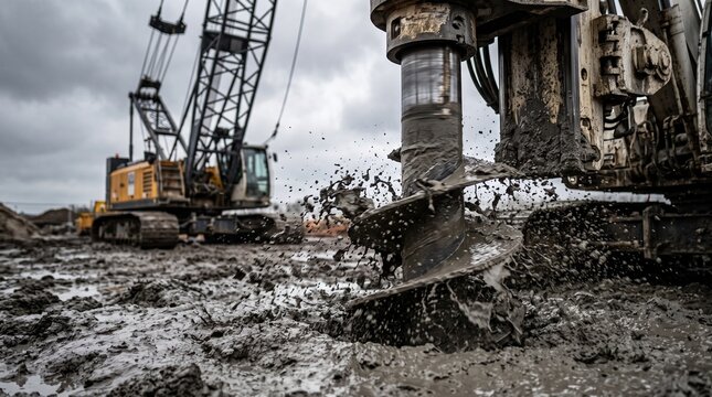Powerful earth auger drill working on a cloudy construction site background.