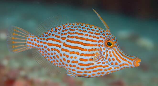 Orange striped filefish swimming underwater with coral reef background soft focus vibrant marine life