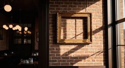 Fototapeta premium Sunlit empty ornate gold frame hangs on exposed brick wall in a dimly lit room