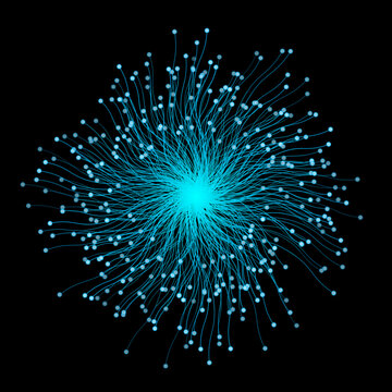 Radial data network background. Blue lines with dots spreading from center isolated on black backdrop. Dynamic burst explosion pattern with motion, energy effect. Abstract minimal vector illustration