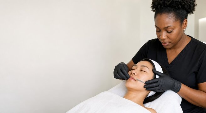 Esthetician performing dermaplaning treatment on Asian client