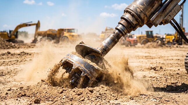 Rotary drill bit spinning and spraying dust while drilling deep into the ground
