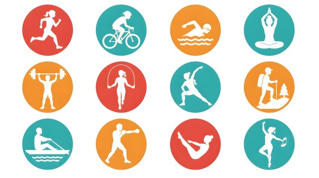 Set of twelve vector fitness icons showing exercises like running cycling swimming yoga and weightlifting in a grid on white background