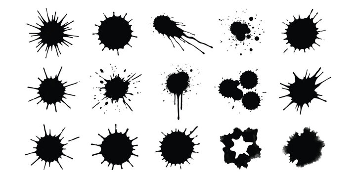 Set of black ink splashes and paint splatter shapes isolated on a simple flat background