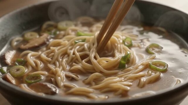 Close Up of Wooden Chopsticks Stirring Steaming Hot Japanese Ramen Noodles with Fresh Green Onions and Shiitake Mushrooms in Savory Broth Bowl