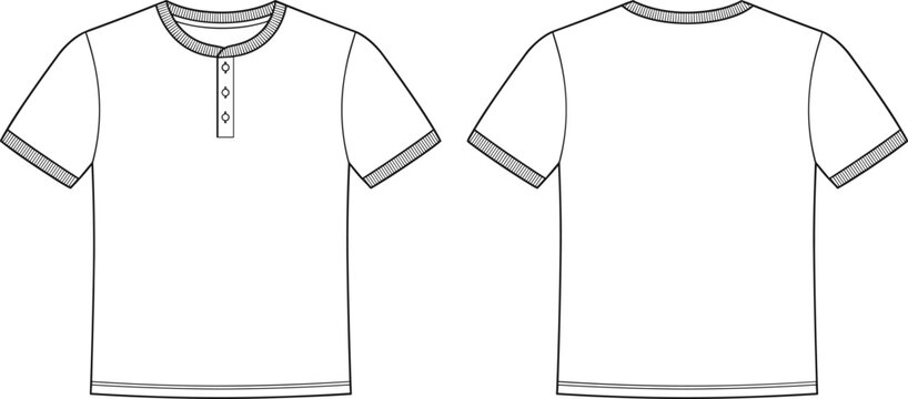 Men Short Sleeve Henley T-Shirt Technical Drawing Vector Illustration Front and Back View Blank Fashion Flat Sketch Template