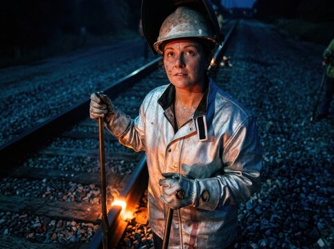 Night rail welder repairing tracks with molten steel light