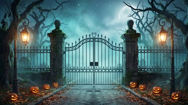 Haunted gate with jack o lanterns and silhouettes