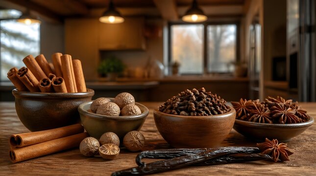 Realistic flat lay photograph of cinnamon sticks and baking spices arranged on a rustic wooden kitchen table with warm earthy tones