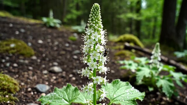 Tall white flower spike in a forest clearing.
